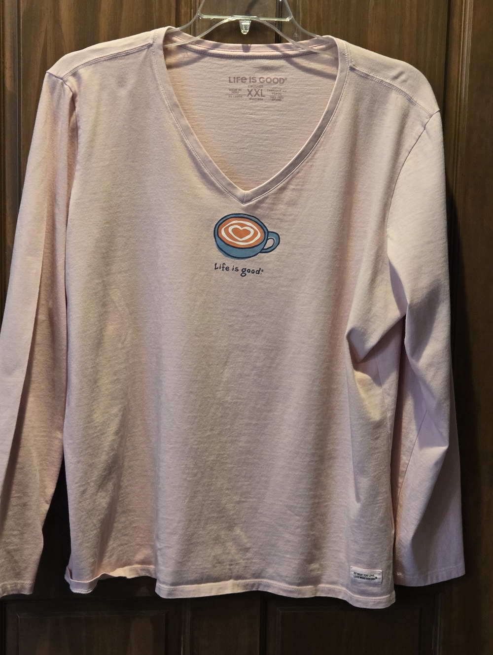 Life Is Good Women's Light Pink Long Sleeve V‑Neck Tee with Coffee Heart Graphic